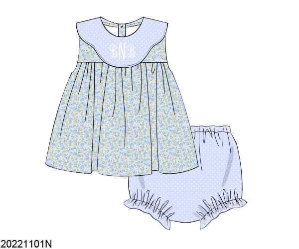 Pre Order 116: Azure Floral & Check - Girls Woven Diaper Set