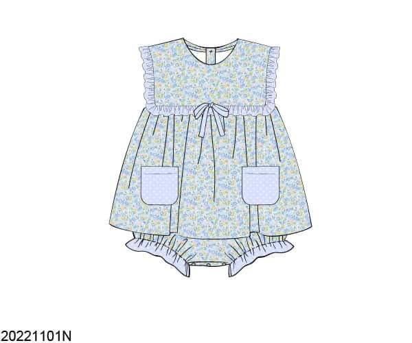 Pre Order 116: Azure Floral & Check - Girls Woven Bubble