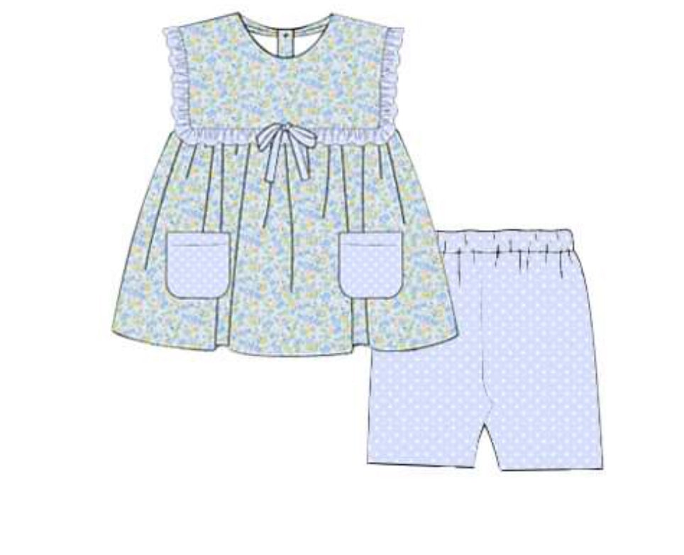 Pre Order 116: Azure Floral & Check- Girls Knit Biker Short Set