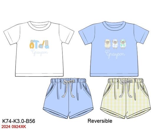 Pre Order 116: Reversible Spring!- Boys Knit 3pc Shortie Set