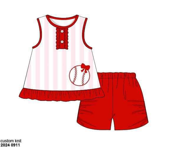 Pre Order 116: Play Ball!- Girls Knit Appliqué Short Set