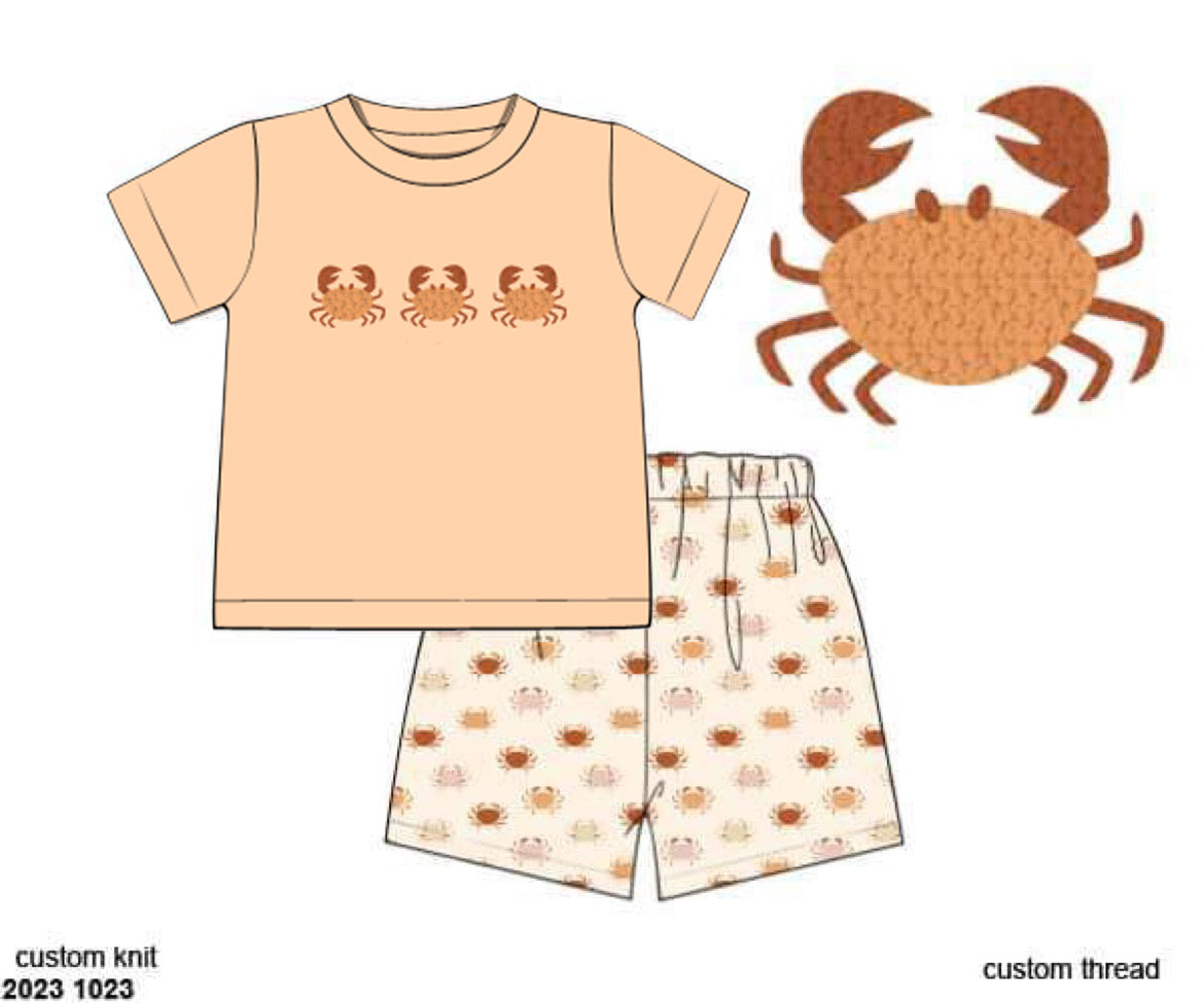 RTS: French Knot Crabs- Boys Knit Angled Short Set