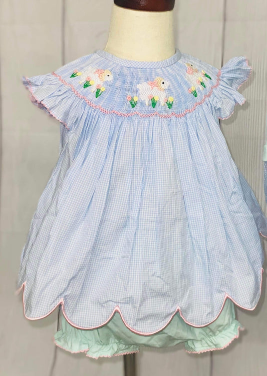 Pre Order 116: Easter Shirt Only- Girls Smocked Lambs