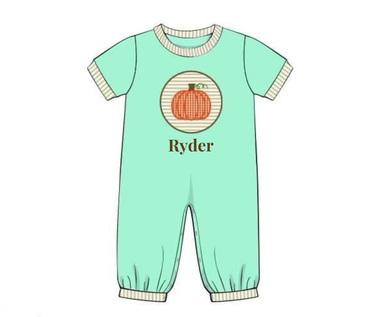 RTS: Mint Applique Pumpkins- Boys Knit Romper "Ryder"