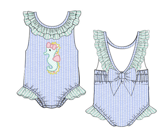 Pre Order 119: OG Seahorses- Girls Seersucker 1pc Swim