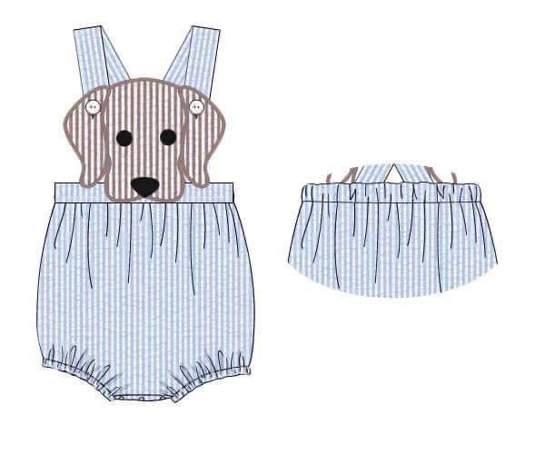 Pre Order 116: BBS Spring Puppy- Boys Blue Seersucker Sunsuit