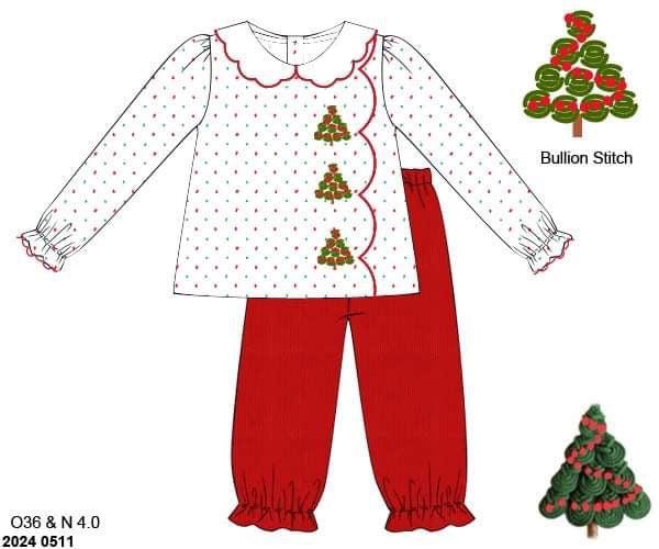 RTS: Oh, Christmas Tree- Girls Corduroy & Swiss Dot Bubble Pant Set