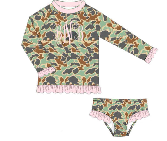 Pre Order 122: Camo Swim- Girls 2pc Long Sleeve Rash Guard Swim