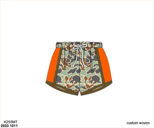 Pre Order 122: Camo Swim- Boys Orange Stripe Woven Swim Shorties