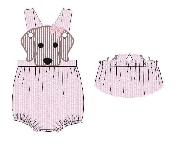 Pre Order 116: BBS Spring Puppy- Girls Pink Seersucker Sunsuit