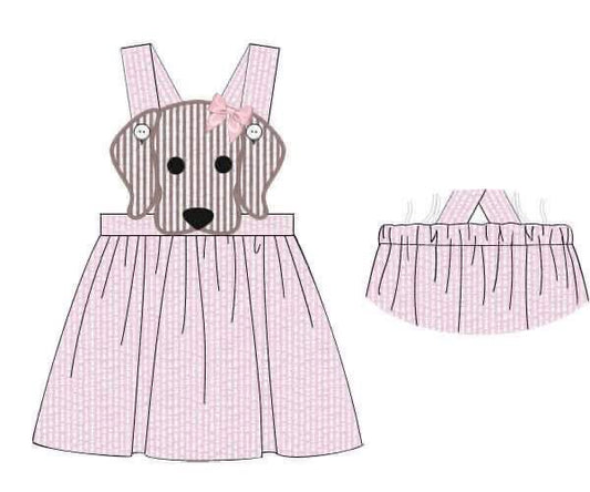 Pre Order 116: BBS Spring Puppy- Girls Pink Seersucker Dress