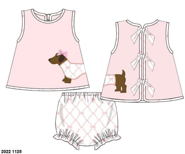 Pre Order 116: Dachshund Appliqué- Girls Knit Diaper Set