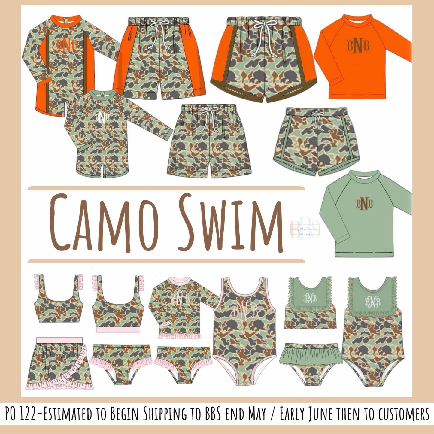 Pre Order 122: Camo Swim- Dad/Mini Woven Traditional Swim Shorts