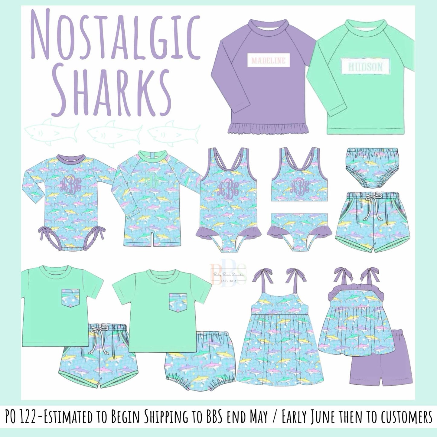 Pre Order 122: Nostalgic Sharks- Girls 1pc Long Sleeve Rash Guard Swim