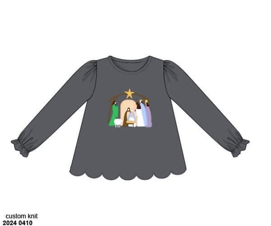 RTS: 25 Days of Christmas- Girls Gray Nativity Knit Shirt