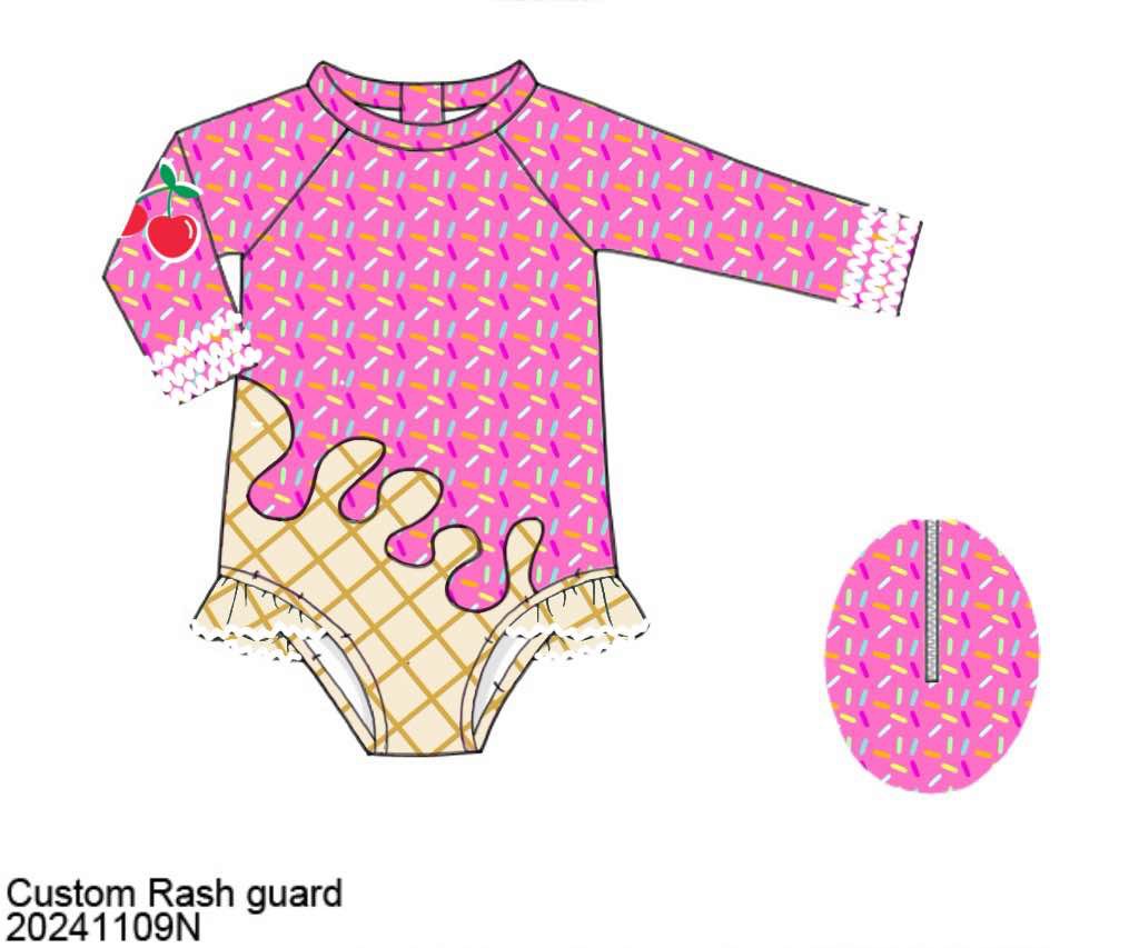 Pre Order 122: Sprinkle Swim- Girls Pink 1pc Long Sleeve Rash Guard Swim