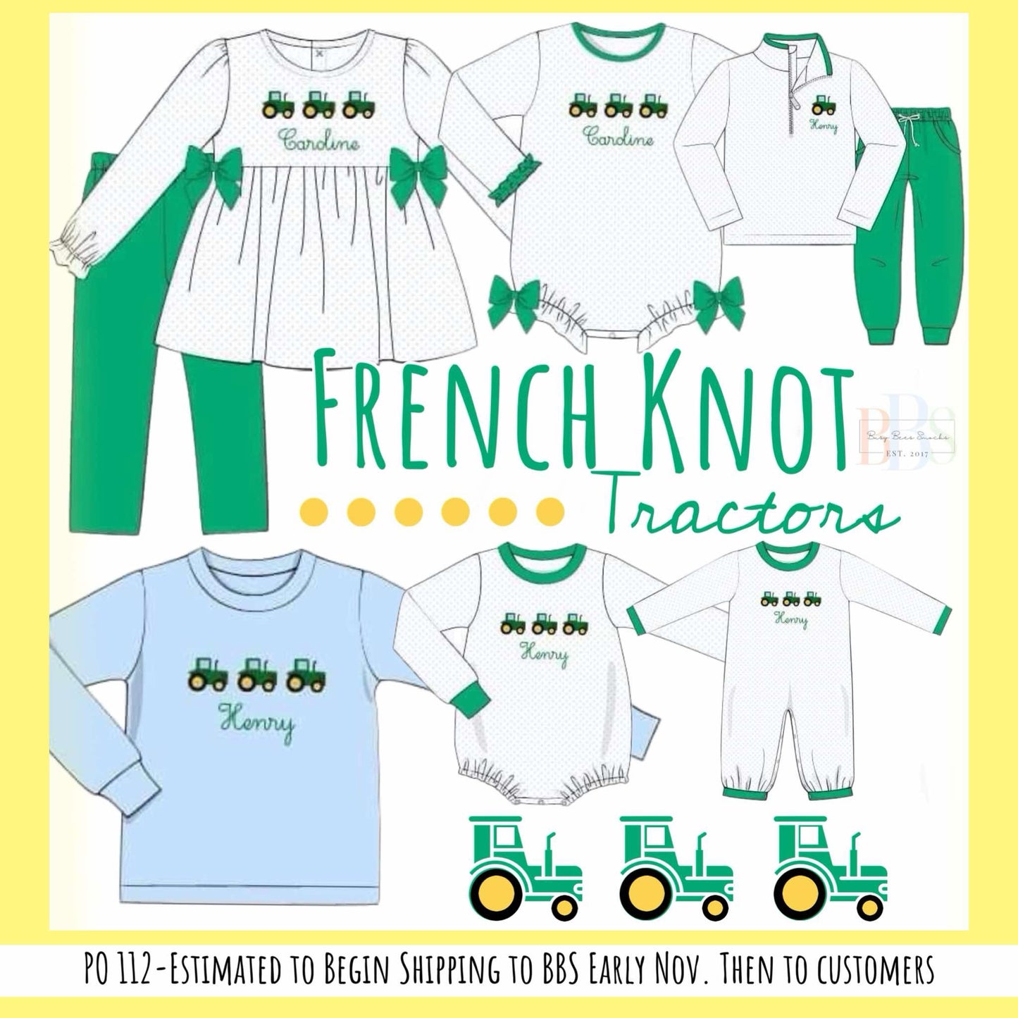 RTS: French Knot Tractors- Boy Knit Shirt (No Monogram)