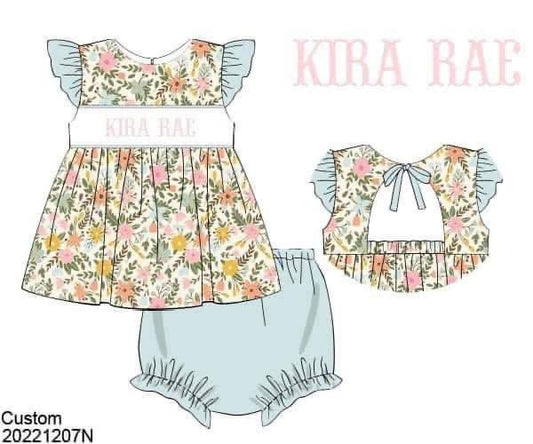 Pre Order 122: Kira Rae- Girls Knit Name Smock Bloomer Set