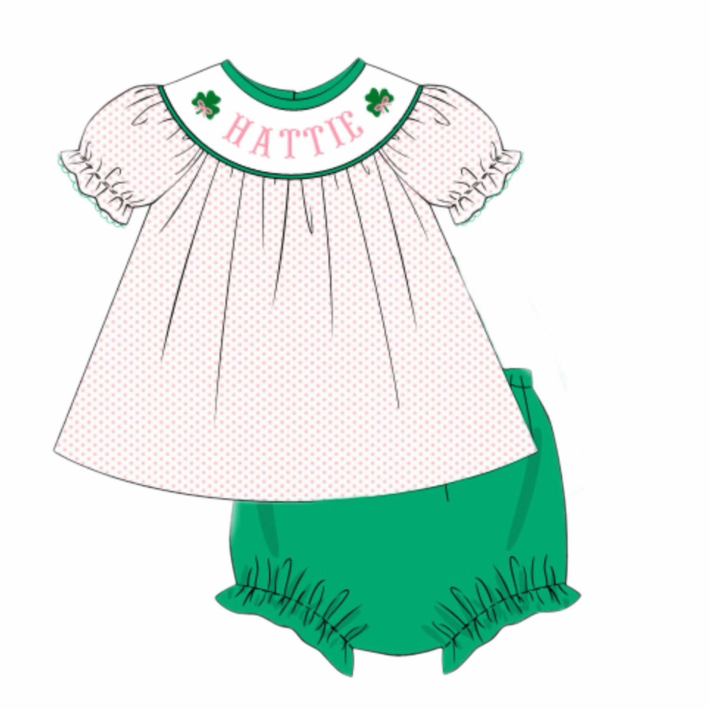 Pre Order 116: Shamrock Name Smocks- Girls Knit Diaper Set