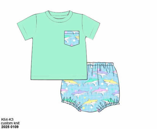 Pre Order 122: Nostalgic Sharks- Boys Knit Diaper Set