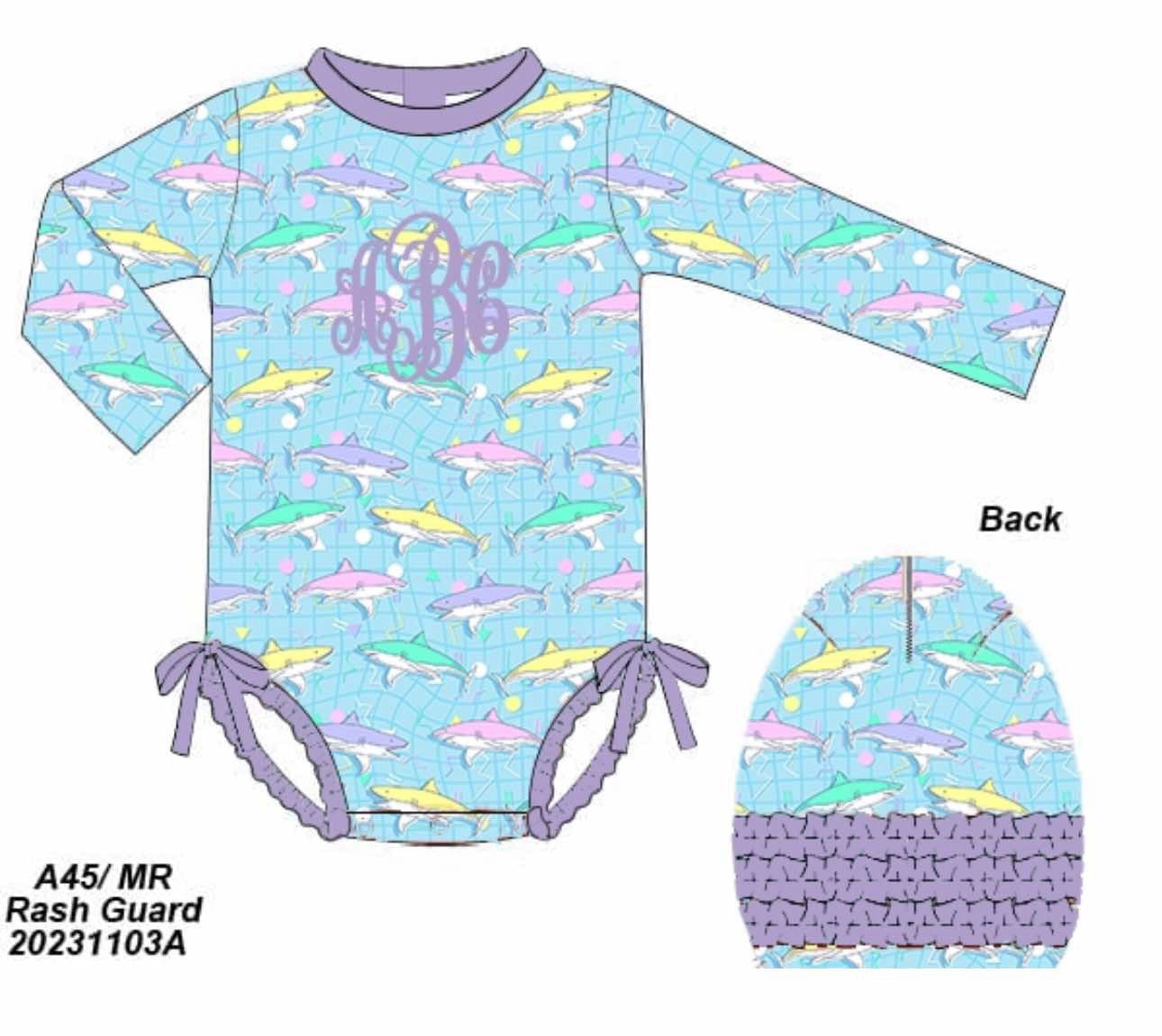 Pre Order 122: Nostalgic Sharks- Girls 1pc Long Sleeve Rash Guard Swim