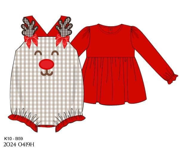 RTS: Red Nosed Reindeer- Girls 2pc Woven Bubble