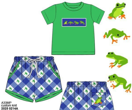 Pre Order 123: Little Green Frogs- Boys Knit Shortie Set