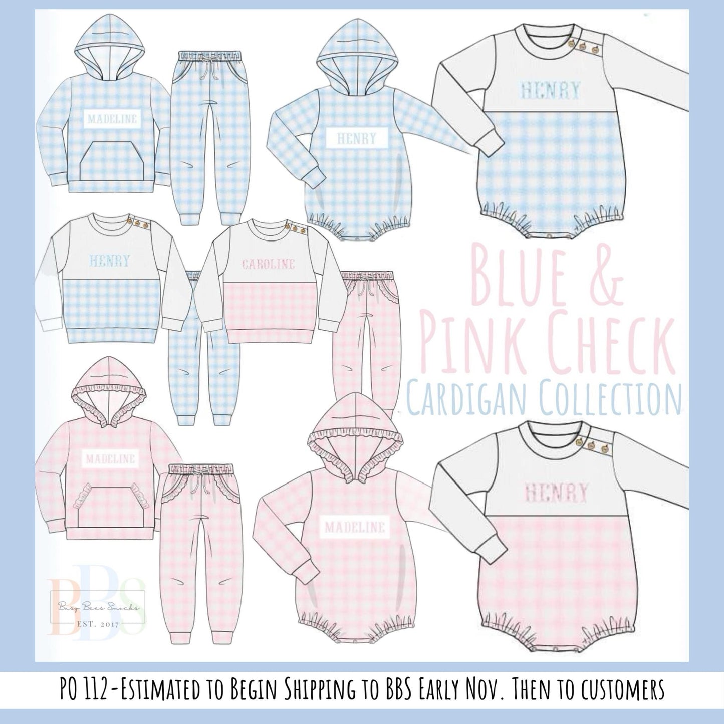 RTS: Blue & Pink Check Cardigan- Boys French Knot Bubble (No Monogram)