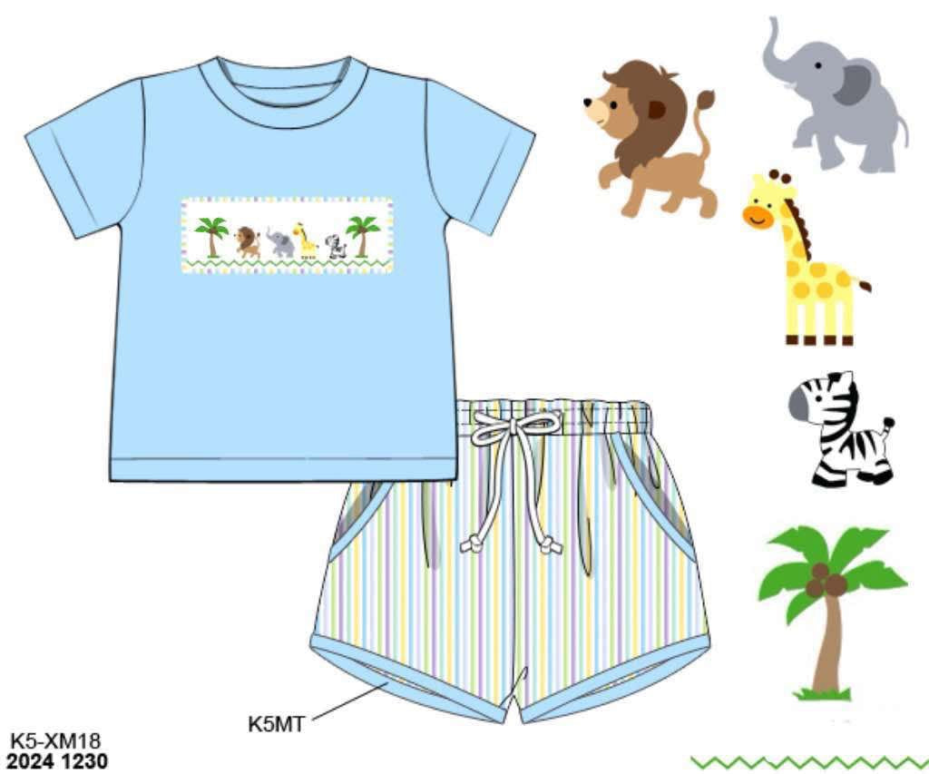 Pre Order 122: Zoo Day- Boys Seersucker Shortie Set