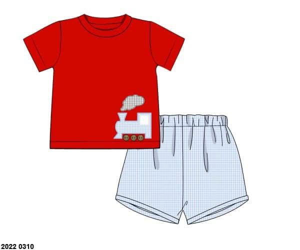 Pre Order 123: Trains & Tea Cups- Boys Woven Shortie Set