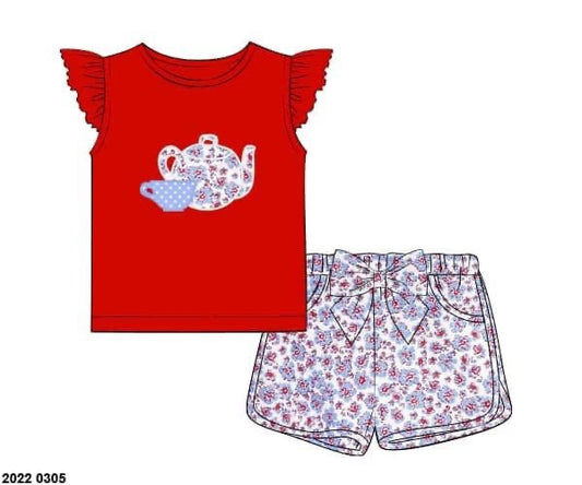 Pre Order 123: Trains & Tea Cups- Girls Woven Shortie Set