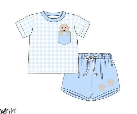 Pre Order 123: Puppy Pocket- Boys Knit Shortie Set