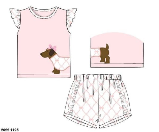 Pre Order 116: Dachshund Appliqué- Girls Knit Shortie Set