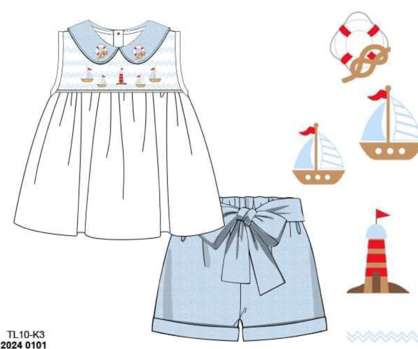 RTS: DEFECT- White Sailboats- Girls Linen Short Set