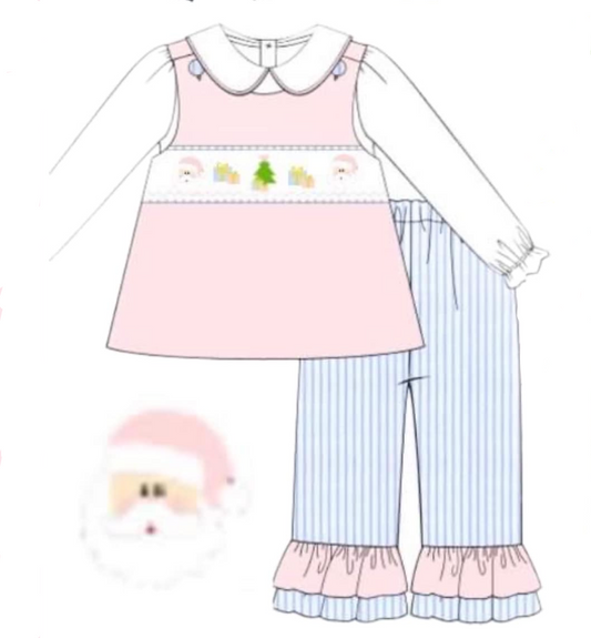 RTS: Pink & Blue Smocked Santa- Girls Woven Pant Set