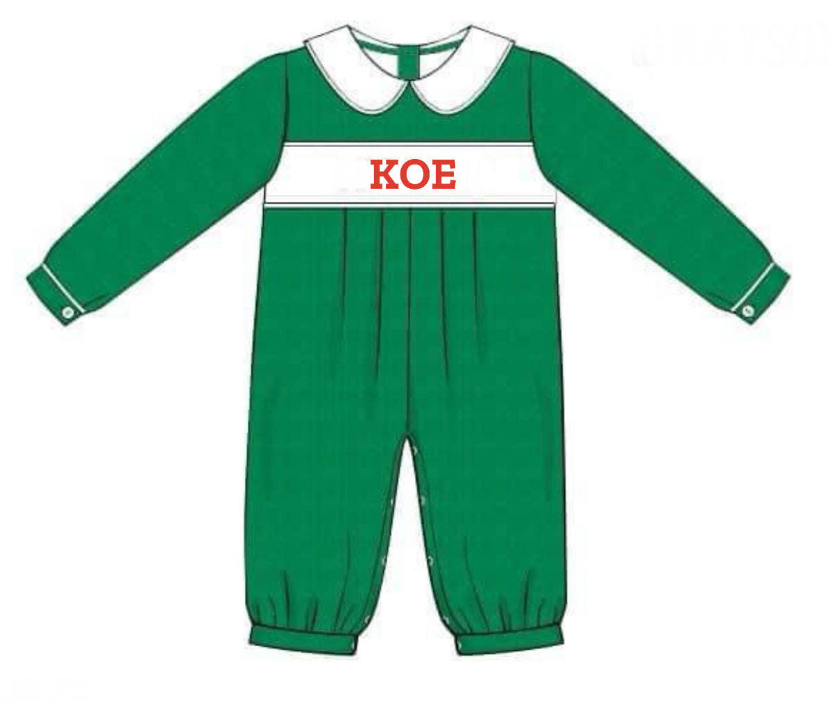 RTS: Christmas Name Smocks- Green Corduroy Boys Romper "Koe"