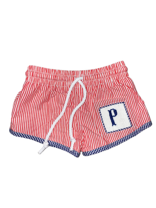 RTS: Boys Patriotic Swim Collection- Name Smock Initial Super Shortie Swim Shorts “P”