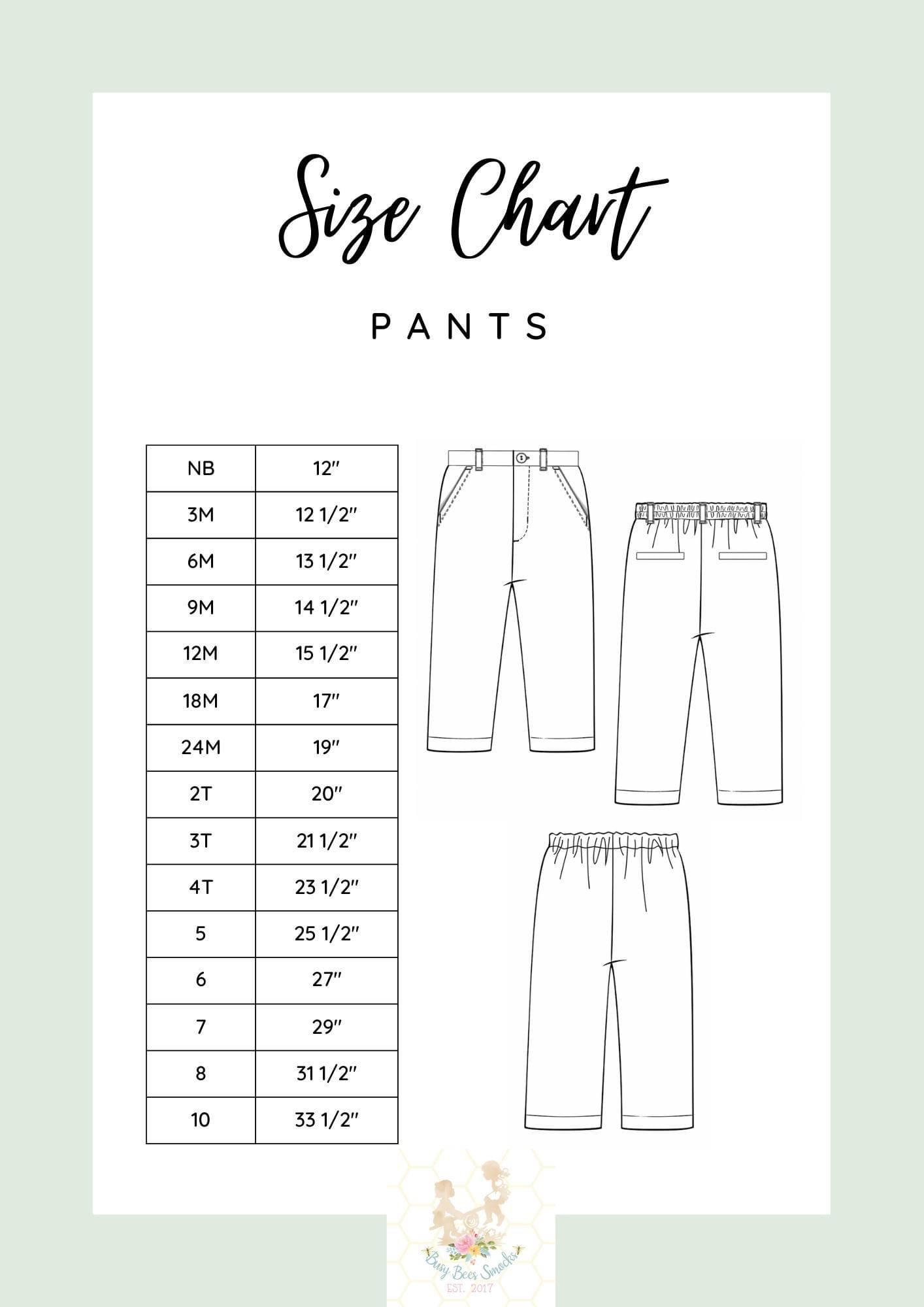 Boys Pants Size Chart – Busy Bee Smocks!