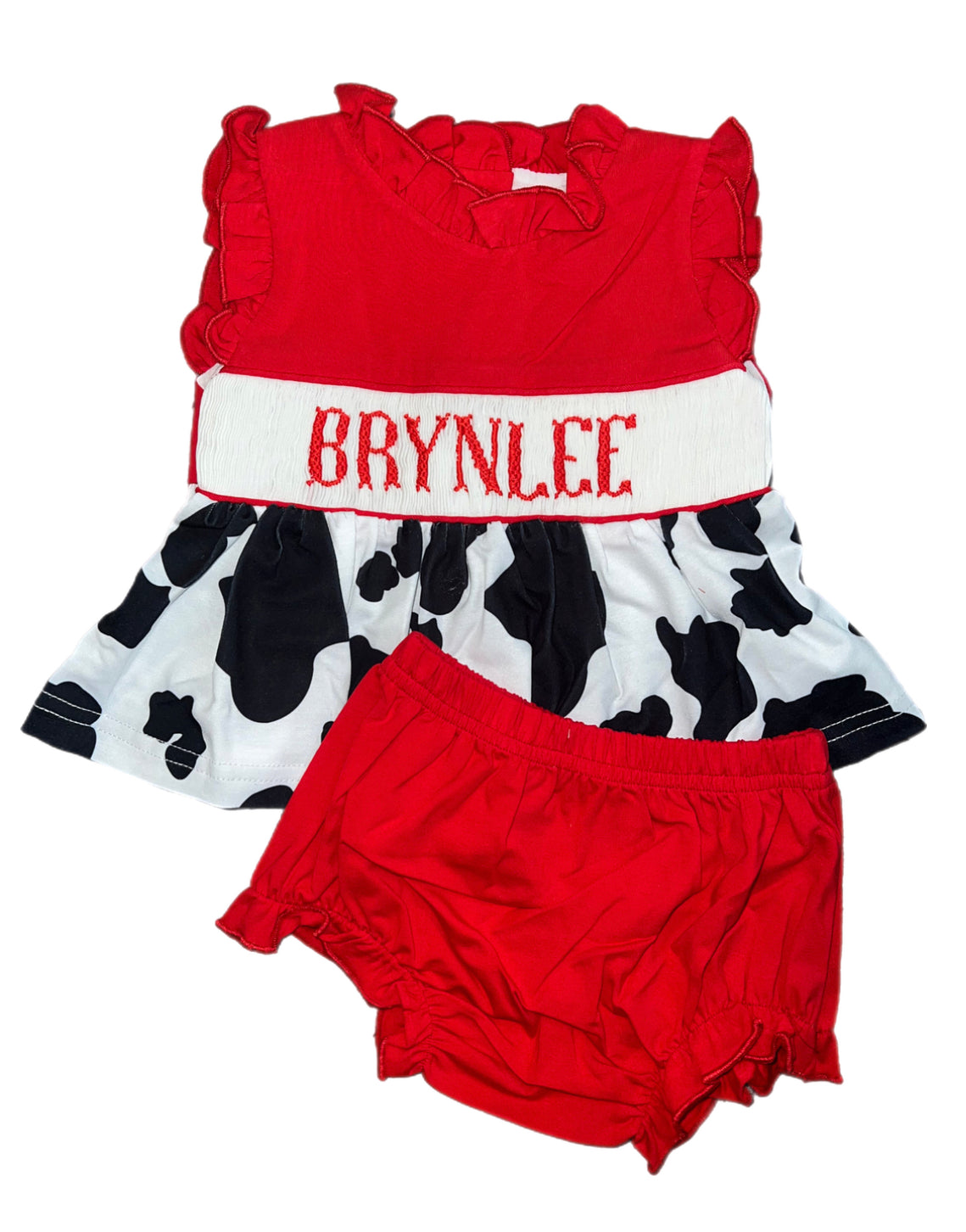 RTS: Girls Cow Print Name Smock Knit Diaper Set "Brynlee"