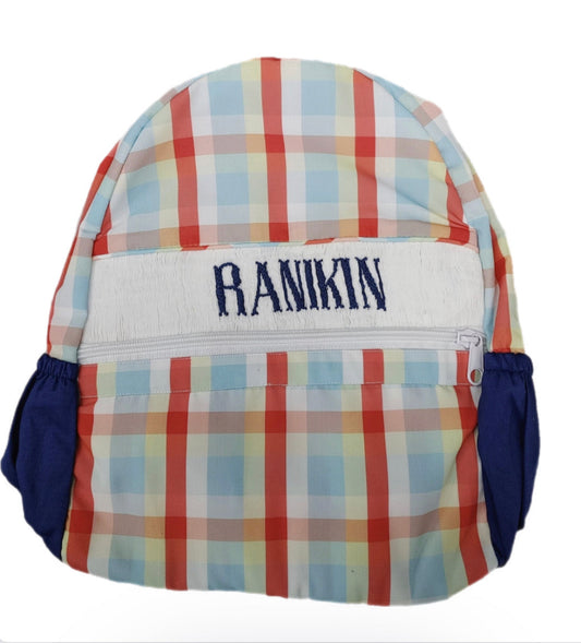 RTS: Boys Navy and Plaid Name Smock Backpack "Ranikin"